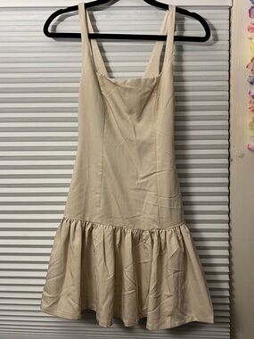 Lulu's Adorable Concept Beige Lace-Up Backless Drop Waist Mini Dress